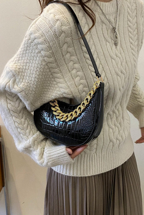 Black Patent Croc Moon Bag