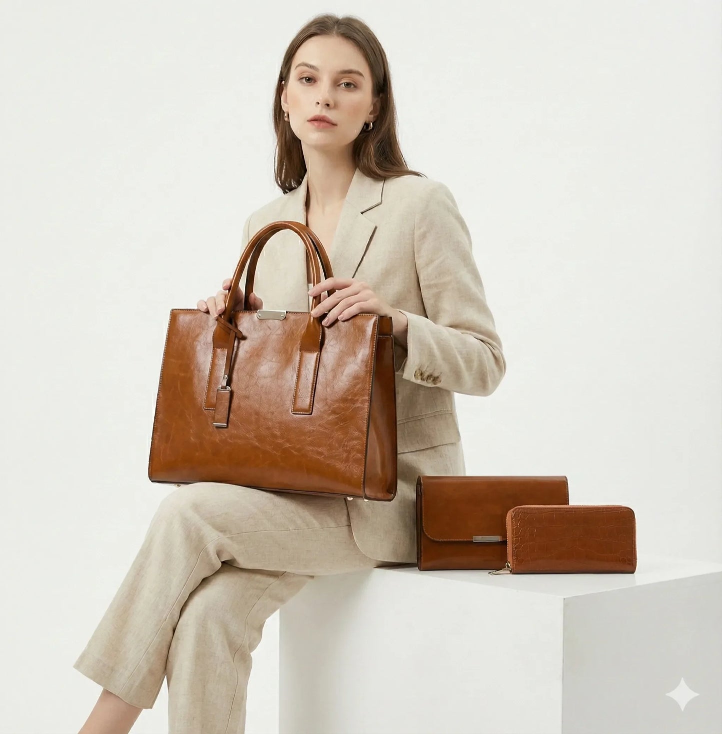 Genuine Leather Set Bag + 2 Wallets - Zayna