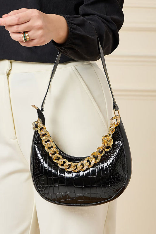 Black Patent Croc Moon Bag